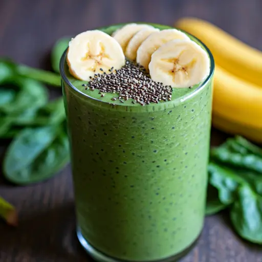 A creamy glass of Splendid Spinach Smoothie, showcasing a vibrant green color, topped with a sprinkle of chia seeds and a slice of banana.