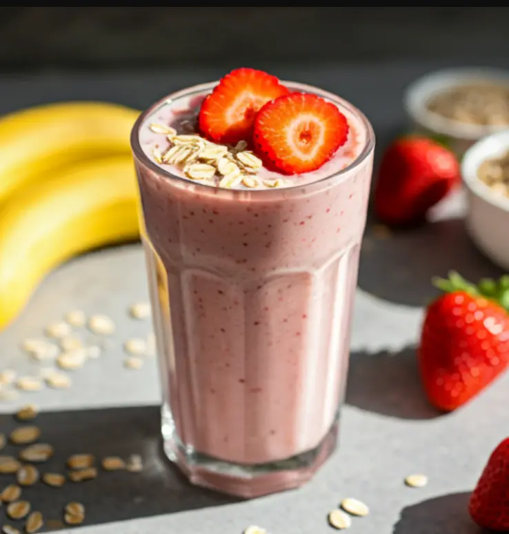 A creamy pink smoothie in a glass, topped with fresh strawberry slices, banana chunks, and a sprinkle of oats, radiating sweetness and health. Strawberry Banana Oat .