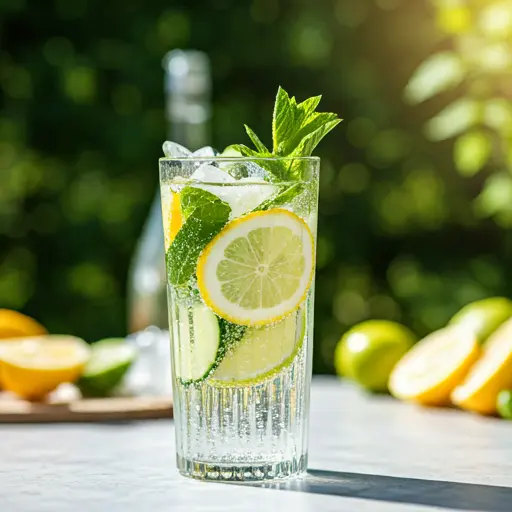 A chilled glass of Summer Citrus Bliss Refresher, glowing with a bright orange hue, garnished with a slice of orange and a sprig of mint.