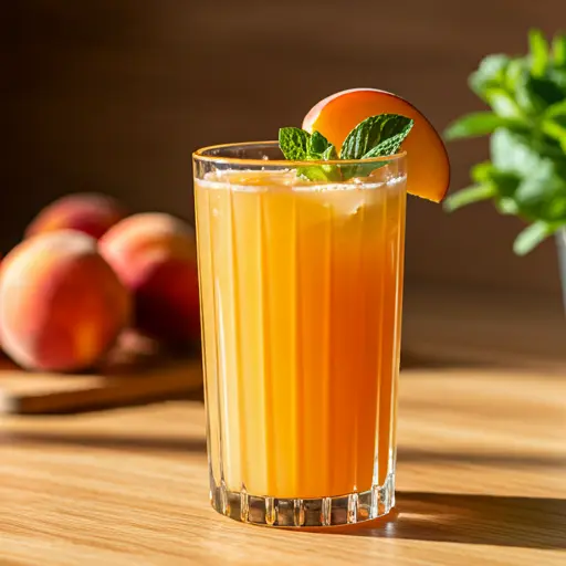 A luscious glass of Summer Peach Extravaganza, featuring a golden-peach hue, garnished with a slice of fresh peach and a sprig of thyme.