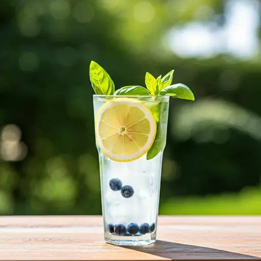 Summers Berry Basil Refresher : A vibrant red-pink juice in a glass, garnished with fresh berries and a sprig of basil, exuding a refreshing and summery vibe.