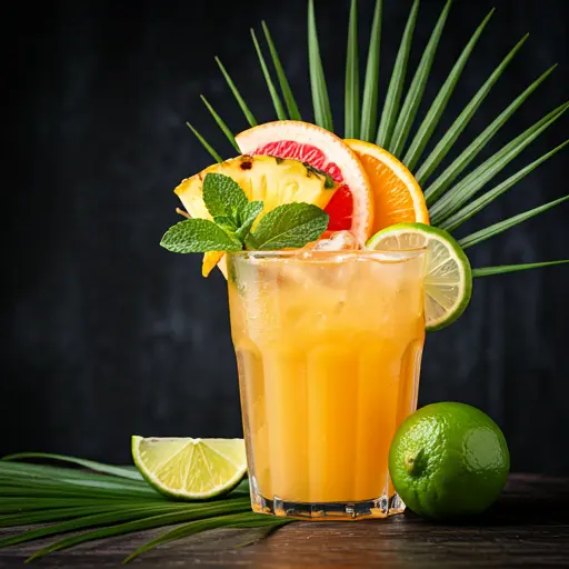 Sun Kissed Citrus Paradise A bright orange juice in a glass garnished with a slice of orange and a sprig of mint radiating tropical warmth and zest