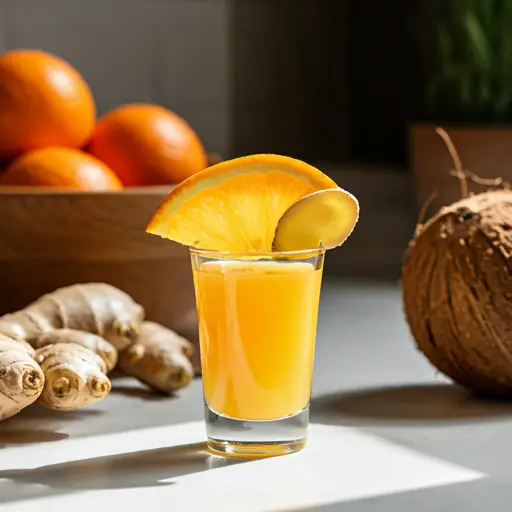 The Morning Rescue Elixir : A bright orange juice in a glass, garnished with a twist of orange peel and a sprinkle of turmeric, radiating warmth and revitalization.