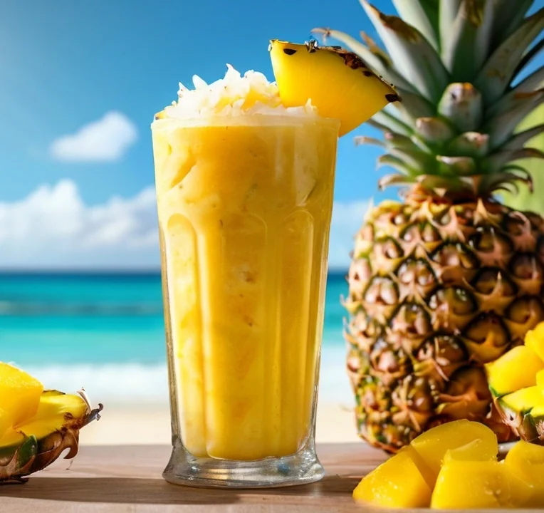 A creamy tropical smoothie in a glass, garnished with a pineapple wedge and shredded coconut, radiating exotic and refreshing vibes.