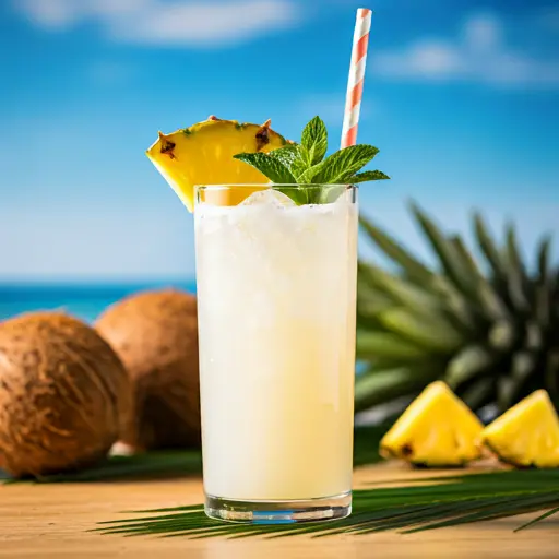 Tropical Coconut Bliss : A creamy, light tropical smoothie in a glass, garnished with shredded coconut and a slice of pineapple, exuding indulgent tropical vibes.