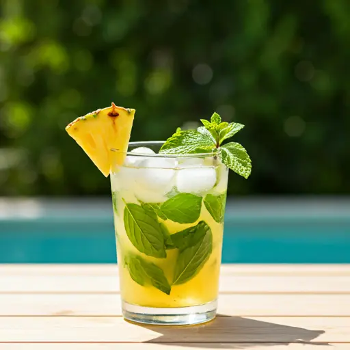 Tropical Herb Infusion : A golden tropical juice in a glass, garnished with fresh basil leaves and a slice of pineapple, exuding an herbaceous and refreshing appeal.