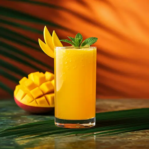 Tropical Mango Bliss A bright yellow orange smoothie in a glass garnished with a slice of mango and a sprig of mint exuding tropical freshness and sweetness