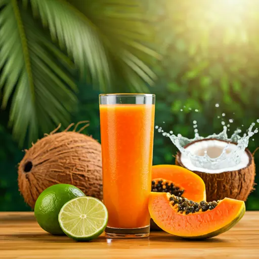 Tropical Papaya Zest : A vibrant orange juice in a glass, garnished with a slice of papaya and a lime wedge, exuding tropical sweetness and zest.