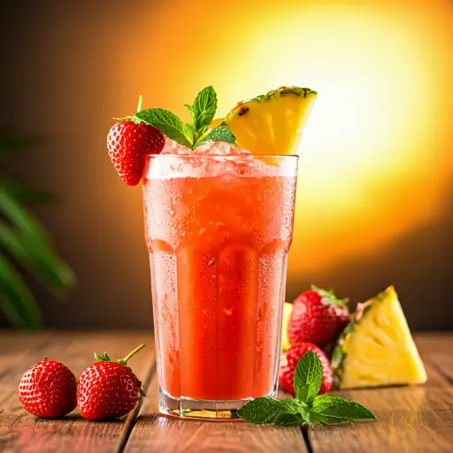 Tropical Strawberry Pineapple Bliss : A vibrant pink-orange smoothie in a glass, garnished with a strawberry and a pineapple wedge, exuding sweet and tropical vibes.