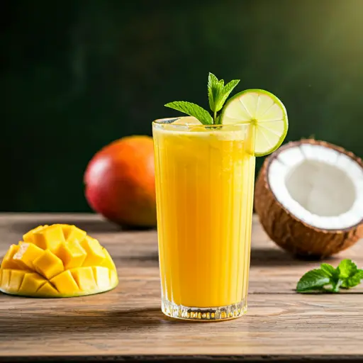 Tropical Tango Bliss A vibrant orange smoothie in a glass garnished with a slice of mango and a sprig of mint radiating tropical energy and zest