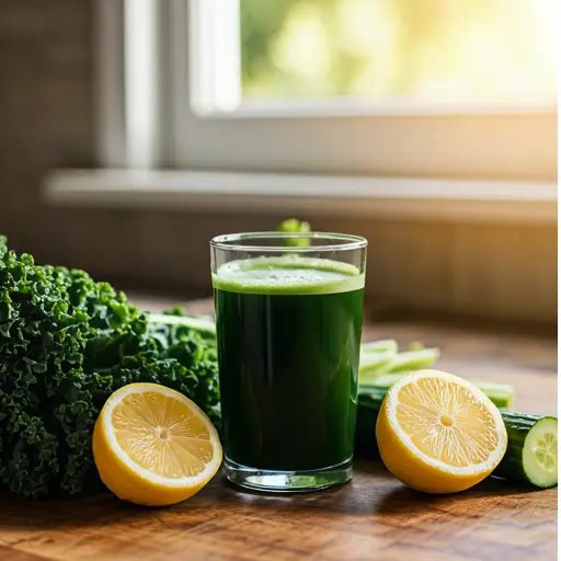 Verdant Vitality Juice : A vibrant green juice in a glass, garnished with a cucumber slice and a sprig of parsley, exuding freshness and vitality.