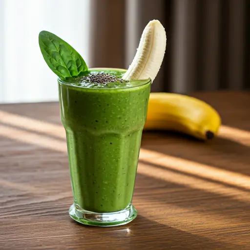 A tall glass of Vibrant Green Breakfast Smoothie, showcasing a lush green color, topped with chia seeds, a slice of kiwi, and a sprinkle of coconut flakes.