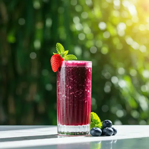 Vibrant Purple Passion Elixir : A deep purple juice in a glass, garnished with fresh blueberries and a sprig of mint, radiating rich and vibrant energy.