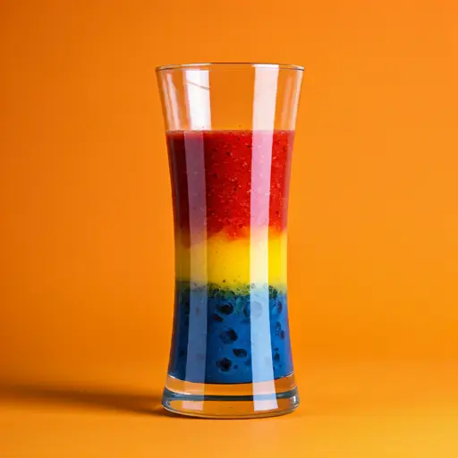 Vibrant Rainbow Refresher : A colorful layered juice in a glass, showcasing vibrant shades of red, orange, yellow, and green, topped with a sprig of mint for a refreshing finish.