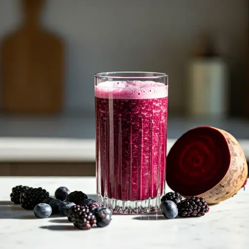 Violet Vitality Smoothie : A rich purple smoothie in a glass, garnished with fresh berries and a sprinkle of chia seeds, radiating a vibrant and nourishing aura.