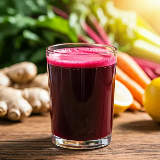 A radiant glass of Vitality Elixir for Blood Health, with a rich crimson hue, garnished with a sprig of fresh basil and a sprinkle of pomegranate seeds.