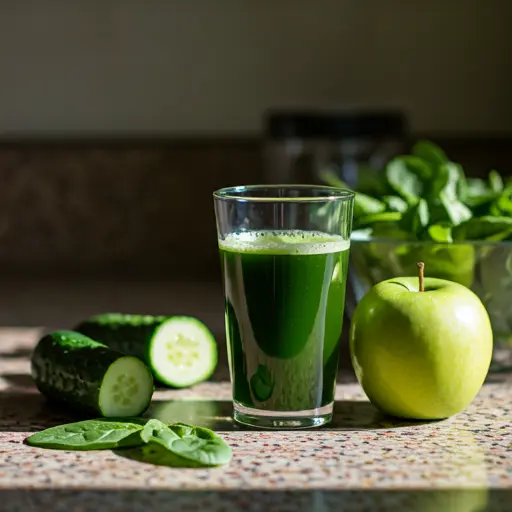 Vitality Green Elixir : A luminous green juice in a glass, garnished with a lime slice and fresh parsley, radiating health and rejuvenation.