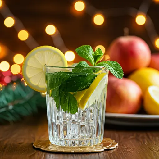 Yuletide Lemonade Elixir is a glass of Pomegranate Paradise Elixir, glowing with a rich ruby-red hue, garnished with fresh pomegranate seeds and a sprig of mint.