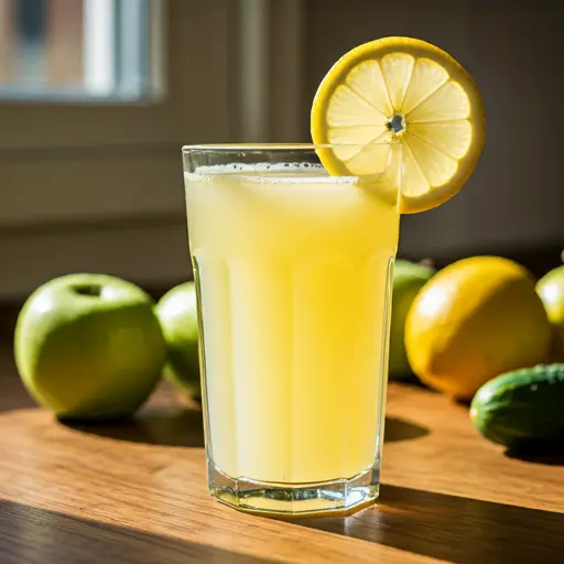 A light green juice in a glass, garnished with a lemon slice and fresh mint leaves, embodying the freshness and energy of spring. Zesty Citrus Bliss .