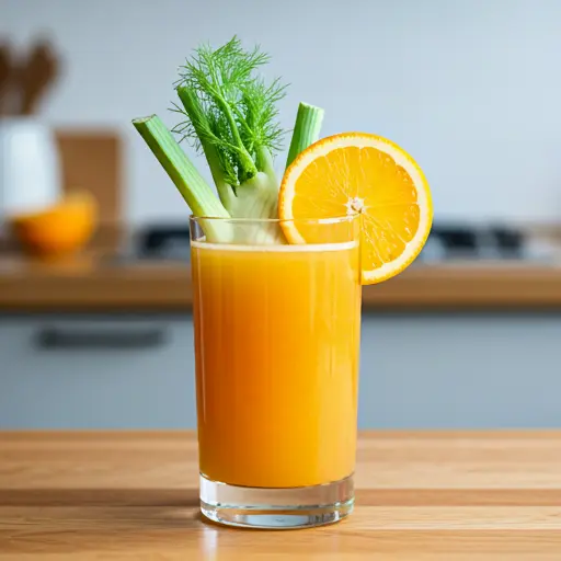 Zesty Fennel Sunrise Elixir : A vibrant orange and green drink in a glass, infused with fennel and citrus slices, radiating a zesty and invigorating glow.