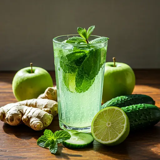 Zesty Green Ginger Fizz : A fizzy green drink in a glass, garnished with a lime wedge and a twist of fresh ginger, radiating zest and refreshment.