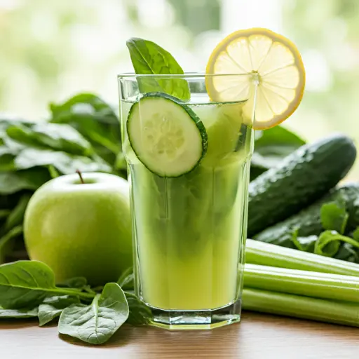 A crisp glass of Zesty Green Lemonade Detox, with a refreshing light green hue, garnished with a lemon slice and a sprig of mint.