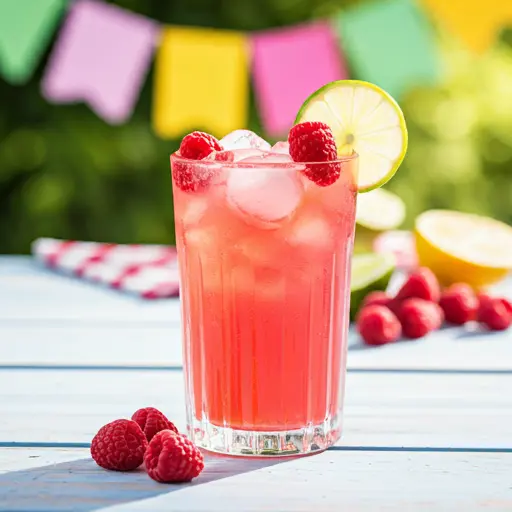 A bubbly glass of Zesty Raspberry Limeade Fizz, with a vibrant pink hue, garnished with fresh raspberries, a lime wedge, and a sprig of mint.