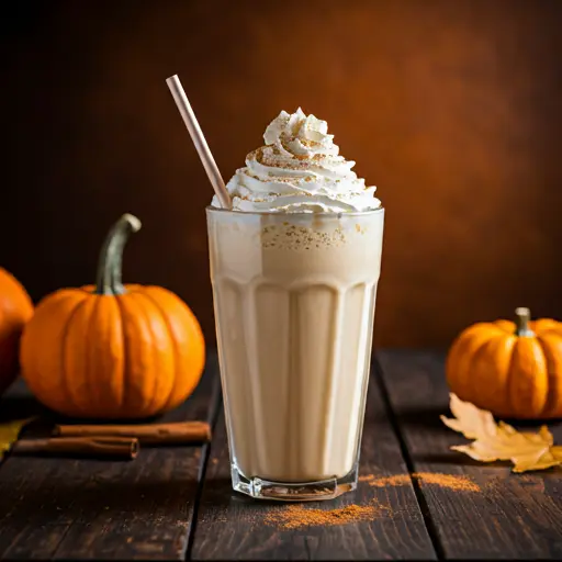 Autumn Bliss Pumpkin Milkshake A creamy orange pumpkin milkshake in a glass topped with whipped cream and a sprinkle of nutmeg exuding cozy autumn vibes