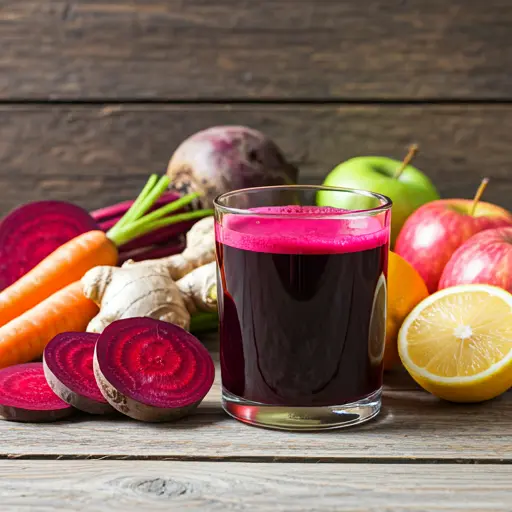 Beet Blast Revival : A deep crimson beet juice in a glass, garnished with a thin slice of beet and a sprig of parsley, offering earthy and revitalizing flavors.