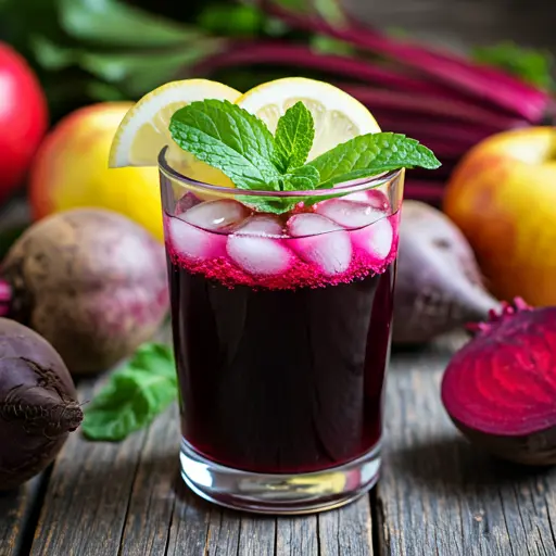 Beetroot Elixir A Nutrient-Packed Wonder : A vibrant red beetroot elixir in a glass, garnished with a beet slice and a sprig of fresh parsley.