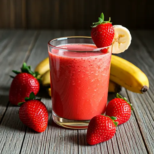 Berry Banana Dream A creamy pink smoothie in a glass topped with fresh mixed berries and a banana slice exuding fruity and vibrant freshness