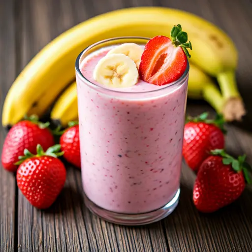 Berry Bliss Banana Yogurt Smoothie A creamy purple smoothie in a glass topped with fresh mixed berries and a banana slice exuding fruity and creamy indulgence