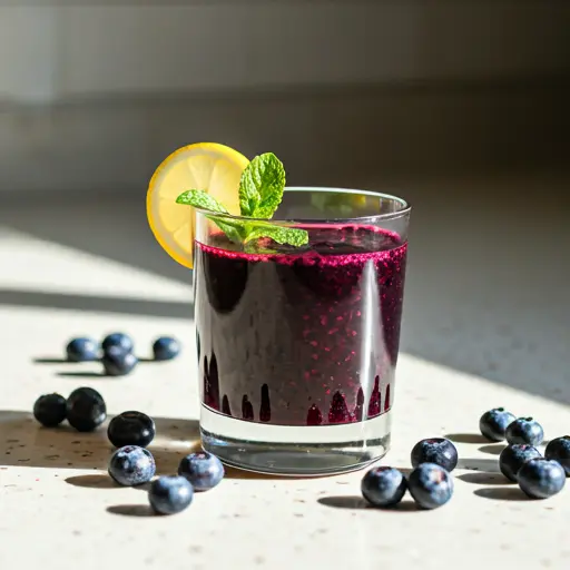 Blueberry Elixir A Sip of Pure Joy : A deep purple blueberry elixir in a glass, garnished with fresh blueberries and a sprig of mint.