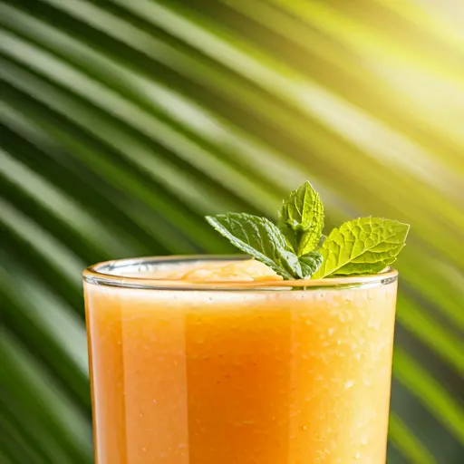 Cantaloupe Dream Smoothie : A creamy pale orange smoothie in a glass, garnished with a cantaloupe wedge and a mint sprig, radiating a sweet and refreshing vibe.