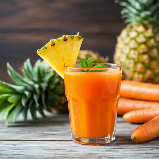 Carrot-Pineapple Paradise : A vibrant orange juice in a glass, garnished with a pineapple wedge and a carrot stick, exuding tropical and refreshing appeal.