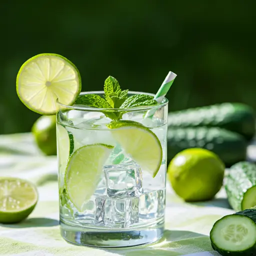 Chilled Cucumber Citrus Quencher : A light green beverage in a glass, garnished with a cucumber slice and a wedge of lime, exuding cool and refreshing citrus vibes.