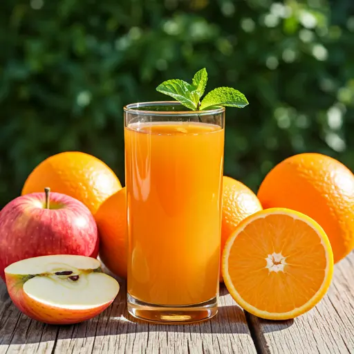 Citrus Burst Juice : A refreshing glass of citrus juice with a golden-orange hue, garnished with a lemon slice and fresh mint leaves.