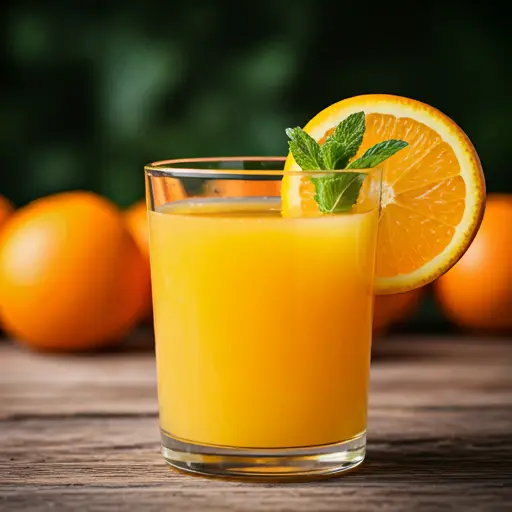 Citrus Sunrise Delight : A bright and refreshing citrus juice in a glass, layered with golden-orange hues and garnished with an orange slice and a sprig of mint.