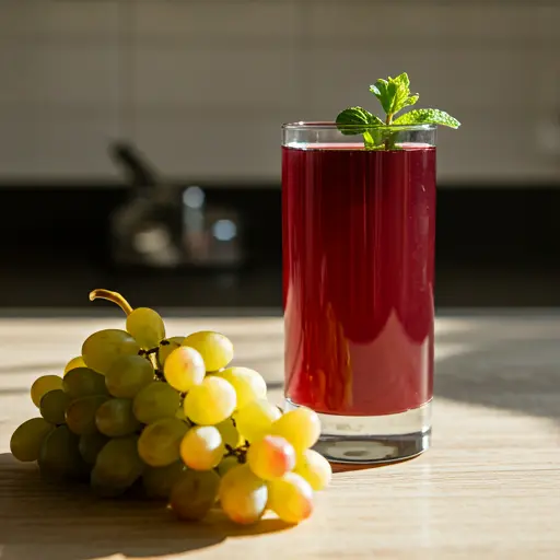 Crimson Harmony Grape Juice A rich deep red grape juice in a glass garnished with a cluster of fresh grapes and a sprig of mint radiating natural sweetness