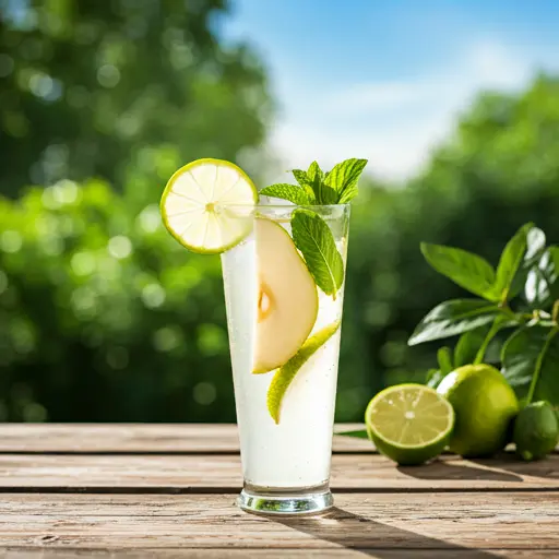 Crisp Asian Pear Sparkler : A light golden drink in a glass, garnished with a slice of Asian pear and a sprig of rosemary, exuding crisp and elegant refreshment.