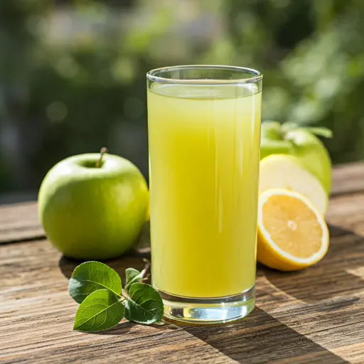 Crisp Green Apple Juice : A bright green juice in a glass, garnished with a slice of green apple and a mint leaf, exuding fresh and crisp energy.