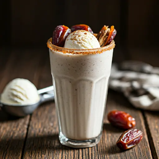 Date Delight Shake : A creamy beige date shake served in a tall glass, topped with a drizzle of caramel and chopped dates for a luxurious treat.