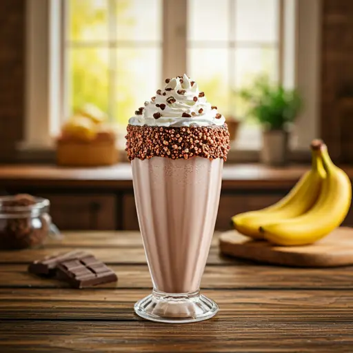 Decadent Chocolate-Banana Dream Shake : A rich chocolate milkshake in a glass, topped with whipped cream, a banana slice, and a drizzle of chocolate syrup, exuding indulgent sweetness.