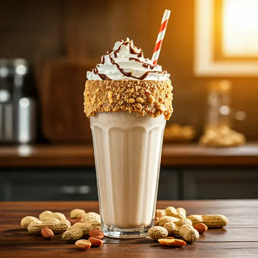 Decadent Creamy Peanut Butter Indulgence : A rich beige milkshake in a glass, topped with whipped cream, a drizzle of peanut butter, and crushed peanuts, exuding creamy and nutty indulgence.