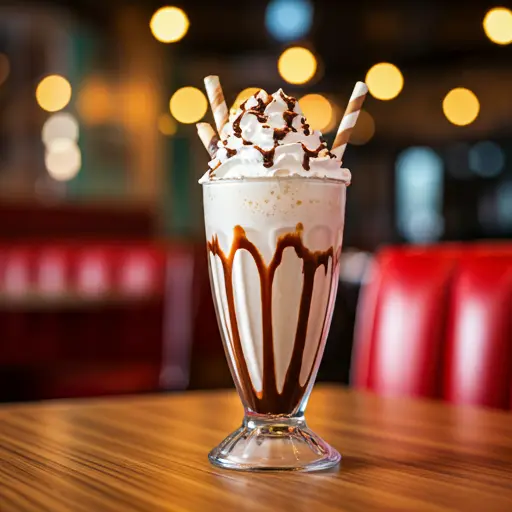 Decadent Malted Milkshake : A creamy light beige milkshake in a glass, topped with whipped cream and a sprinkle of malt powder, exuding a classic and indulgent appeal.