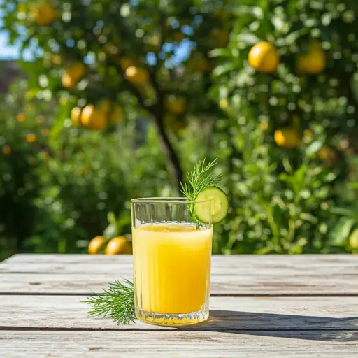 Dill lightful Citrus Energizer A zesty citrus drink in a glass garnished with a sprig of fresh dill and a lemon wheel radiating vibrant and refreshing energy