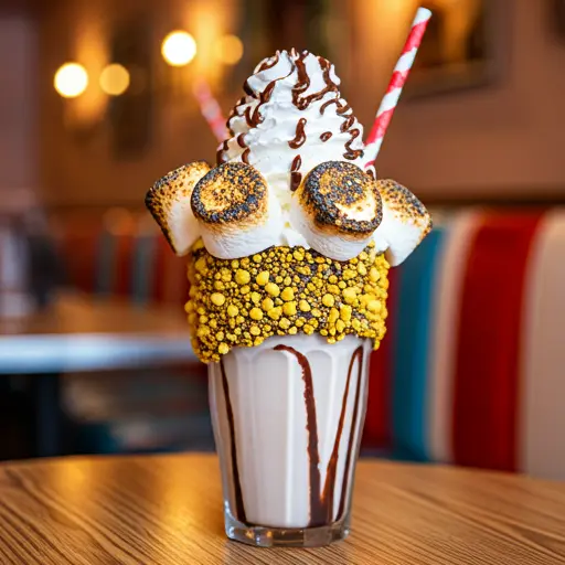 Fluffy Marshmallow Milkshake : A creamy white milkshake in a glass, topped with whipped cream, mini marshmallows, and a drizzle of caramel, exuding sweet indulgence.