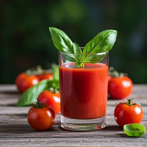 Garden-Fresh Tomato Elixir : A vibrant red juice in a glass, garnished with a cherry tomato and a sprig of basil, exuding fresh and savory appeal.