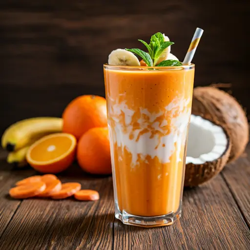 Golden Carrot Smoothie : A creamy golden-orange smoothie in a glass, topped with a sprinkle of turmeric and a carrot curl, radiating vibrant and earthy warmth.