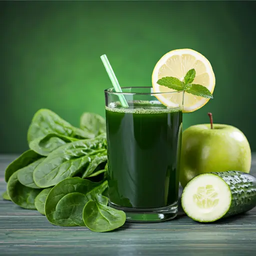 Green Vitality Elixir : A bright green elixir served in a glass, garnished with a slice of lime and fresh mint leaves.